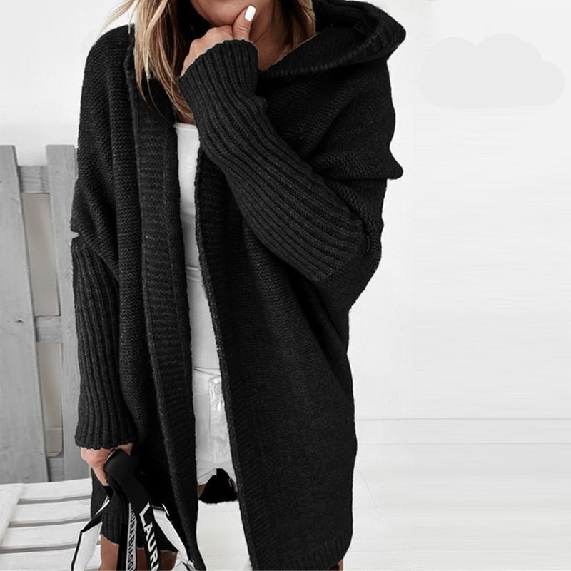Lange Damenstrickjacke Kapuze