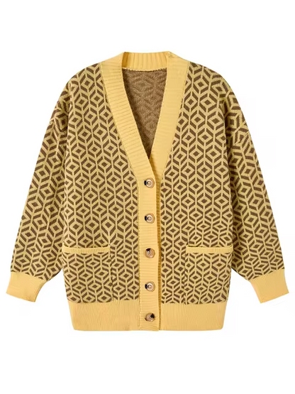 Stilvoller Strickcardigan Geometrisches Muster Knöpfe