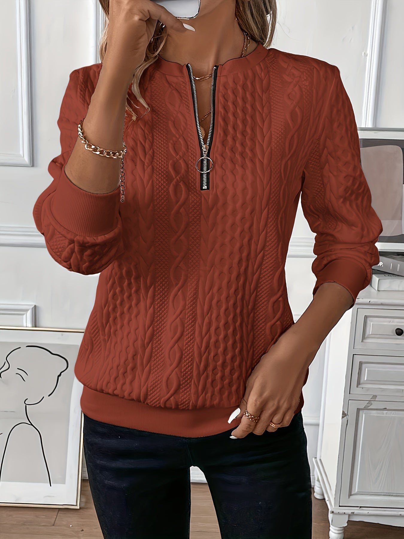 Damen Pullover Bequem Reißverschluss