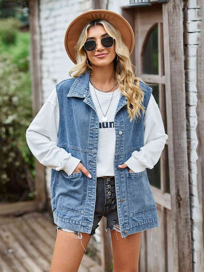 Ärmellose Jeansjacke Mit Knöpfen Trendy Design - IdealeKleiden