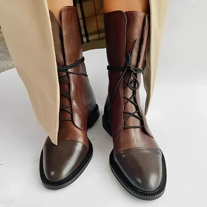 Damen Leder-Stiefeletten Schnürung Kappen-Zehen