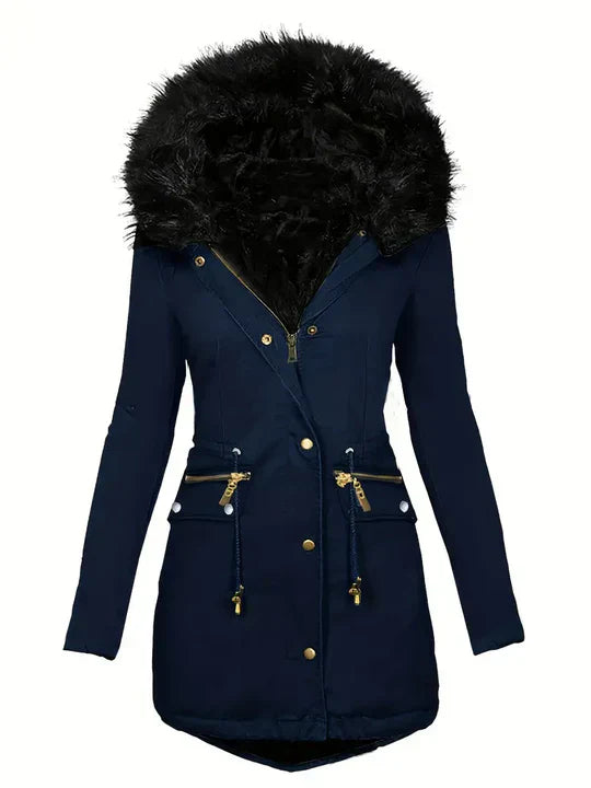 Winter-Parka Mantel mit Kunstfell-Kapuze und Kordelzug