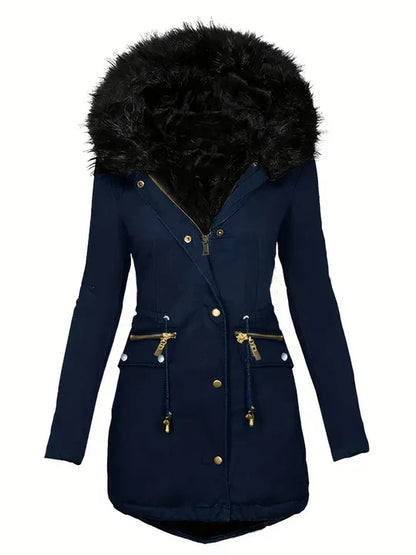 Winter-Parka Mantel mit Kunstfell-Kapuze und Kordelzug