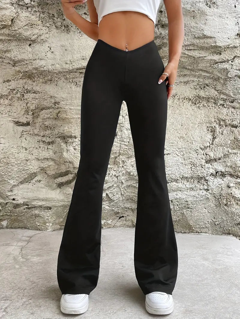 Einfarbige Damen Hose mit ausgestelltem Bein - IdealeKleiden