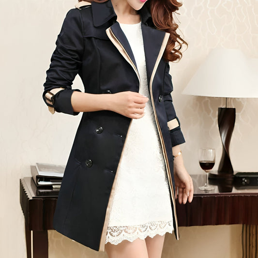 Eleganter Damen Trenchcoat Lang Zweifarbig - IdealeKleiden