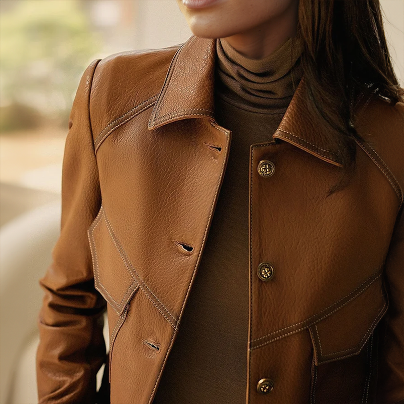 Elegante Damenjacke Braun Lederoptik - IdealeKleiden