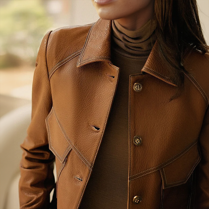 Elegante Damenjacke Braun Lederoptik - IdealeKleiden