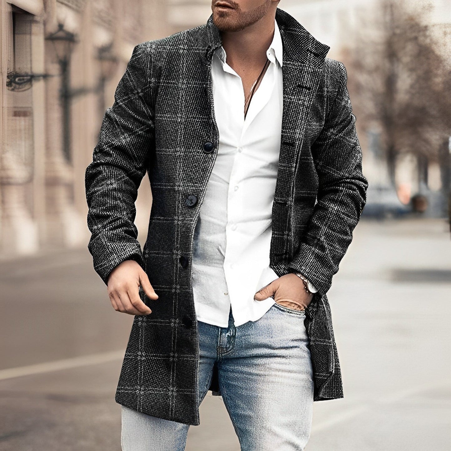 Herren Karomantel Modern Knopfverschluss