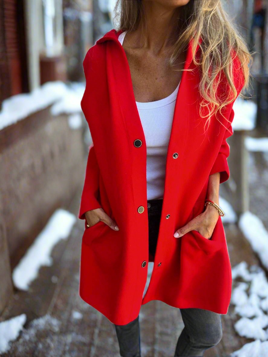 Lange Wolljacke mit Kapuze und Knöpfen Bequem
