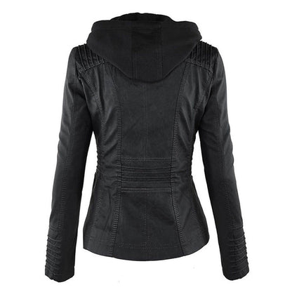 Doppellagige Lederjacke Damen Kapuze - IdealeKleiden
