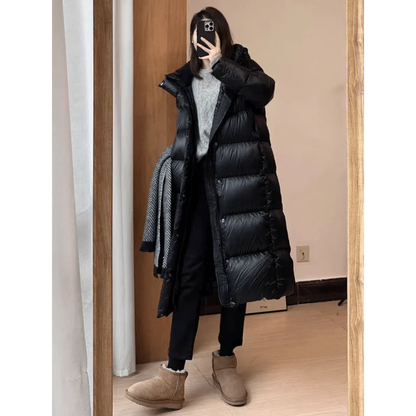 Winterdaunenmantel Damen Lang Schwarz Kapuze