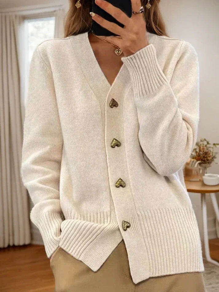 Wollcardigan Damen Herzknöpfe Rippensaum