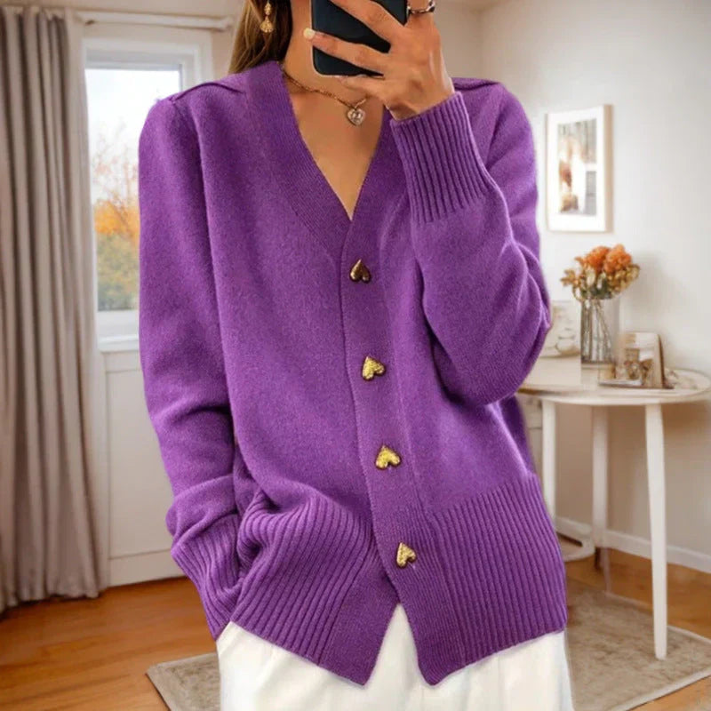 Wollcardigan Damen Herzknöpfe Rippensaum