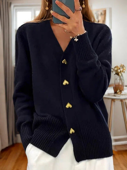 Wollcardigan Damen Herzknöpfe Rippensaum