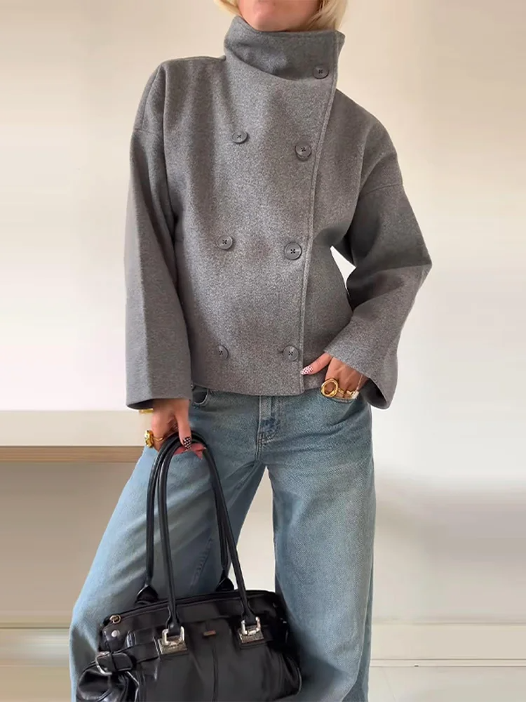 Kurzmantel Frauen Oversized Wollmantel Stehkragen