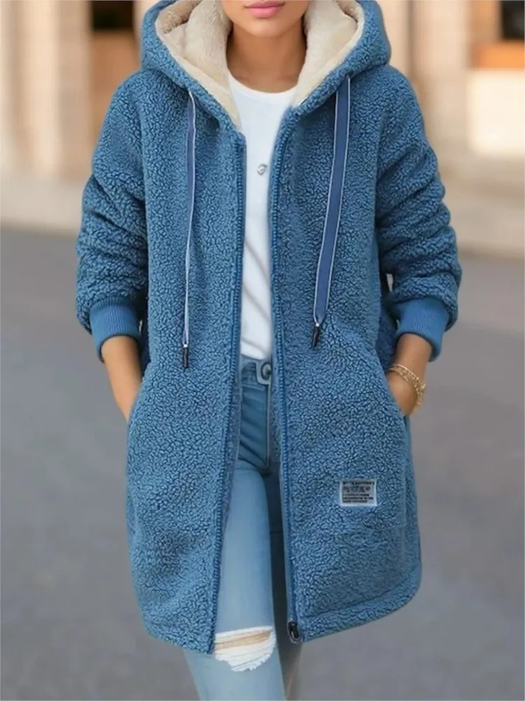 Damen Mantel Mittellang Kapuze Fleece Soft - IdealeKleiden