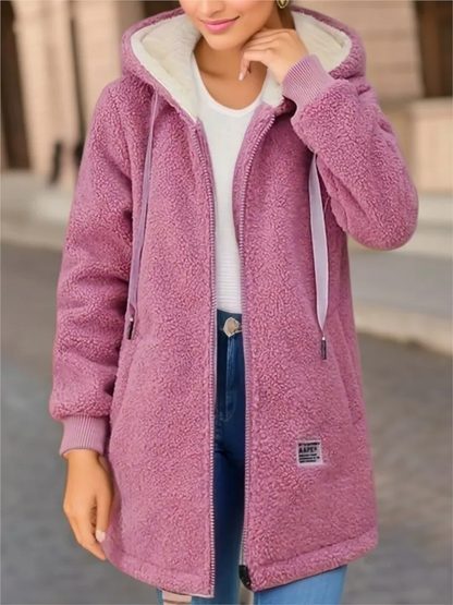 Damen Mantel Mittellang Kapuze Fleece Soft