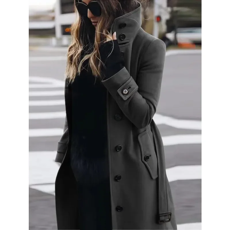 Damen Mantel Lang Wolle Slim Fit Stehkragen