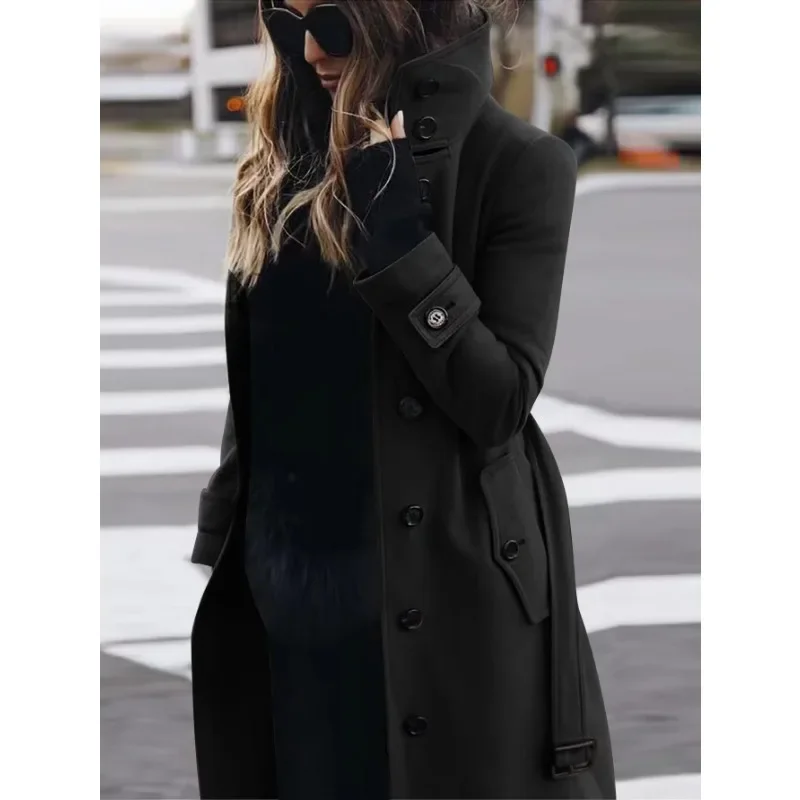Damen Mantel Lang Wolle Slim Fit Stehkragen - IdealeKleiden