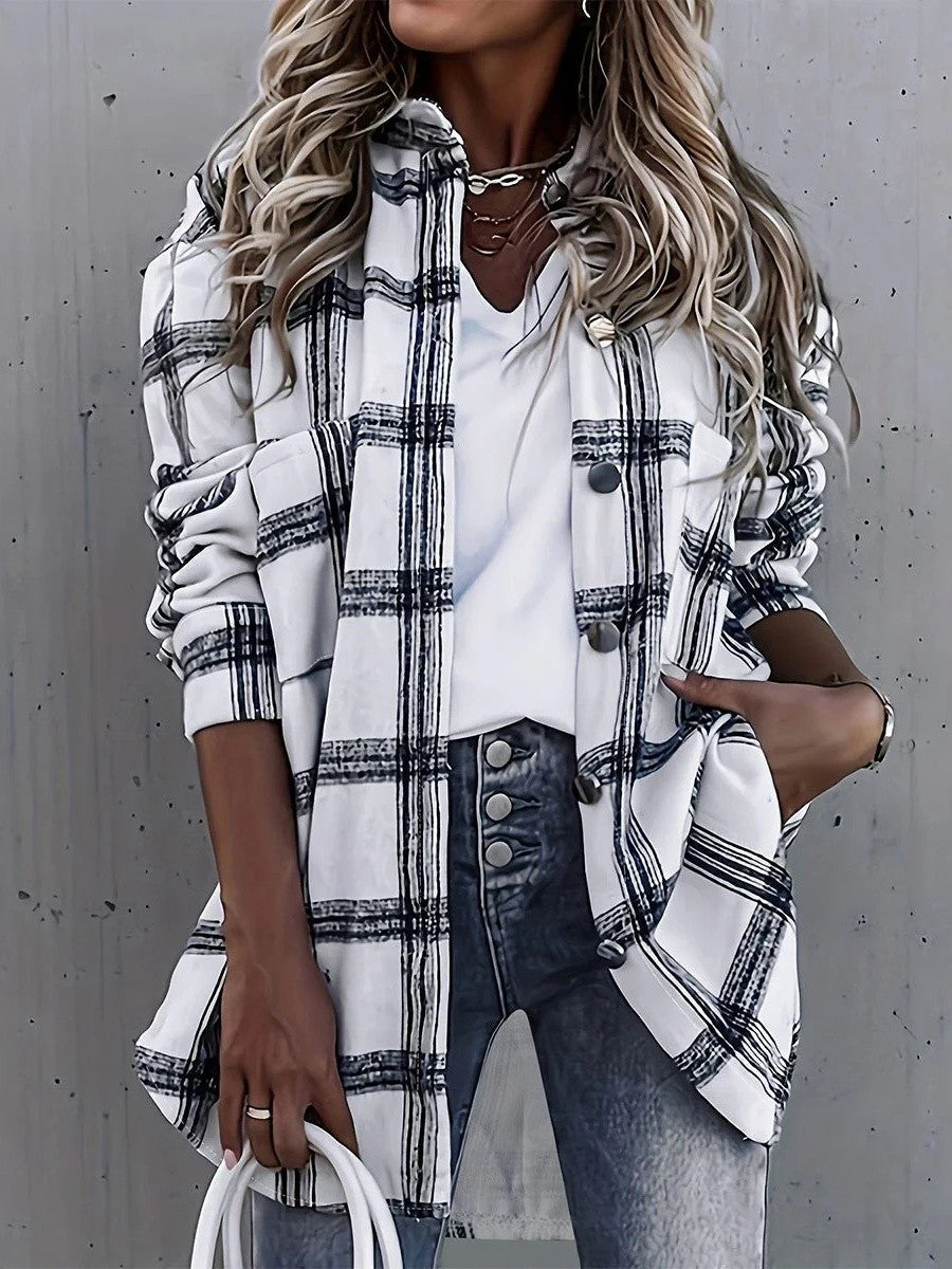 Damen Oversized Karomuster Jacke - IdealeKleiden