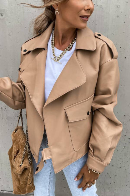 Leder Revers Tasche Biker Stil Kurzjacke