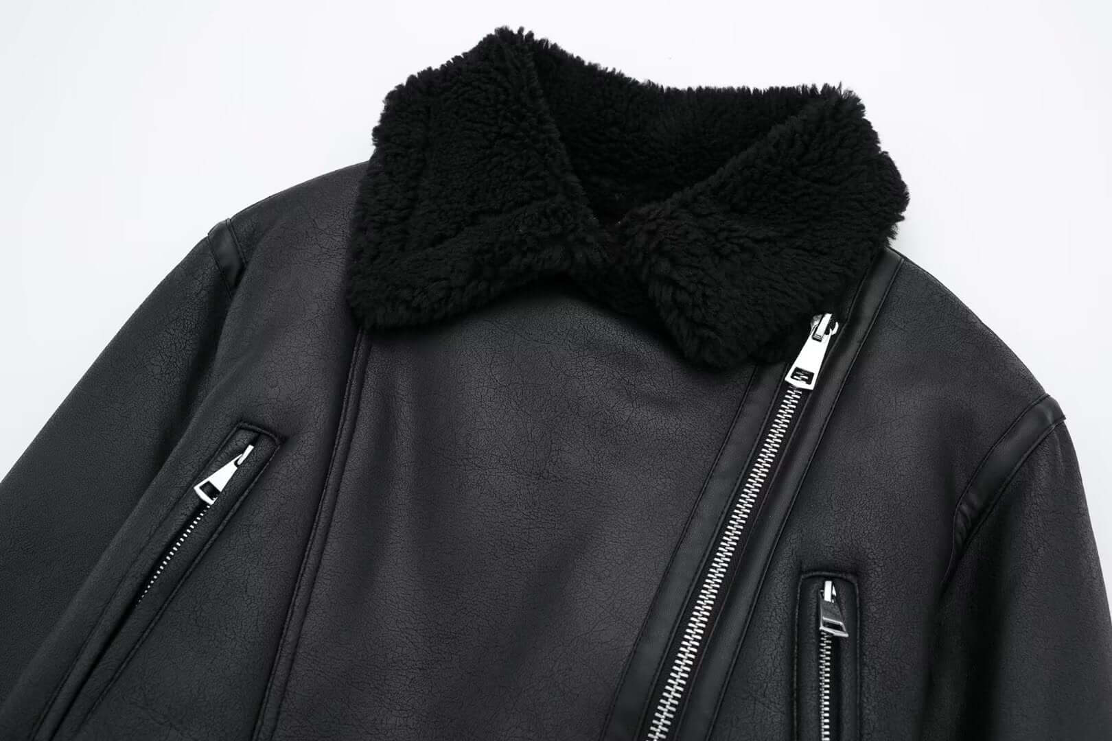 Modische Damen Lederjacke mit Pelz Kragen - IdealeKleiden