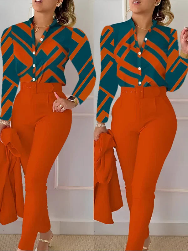 Weibliches Oberteil V-Ausschnitt mit High-Waist-Hose - IdealeKleiden