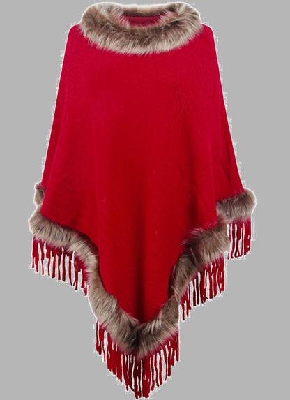 Eleganter Damen Poncho Lang Mantel mit Kunstpelz