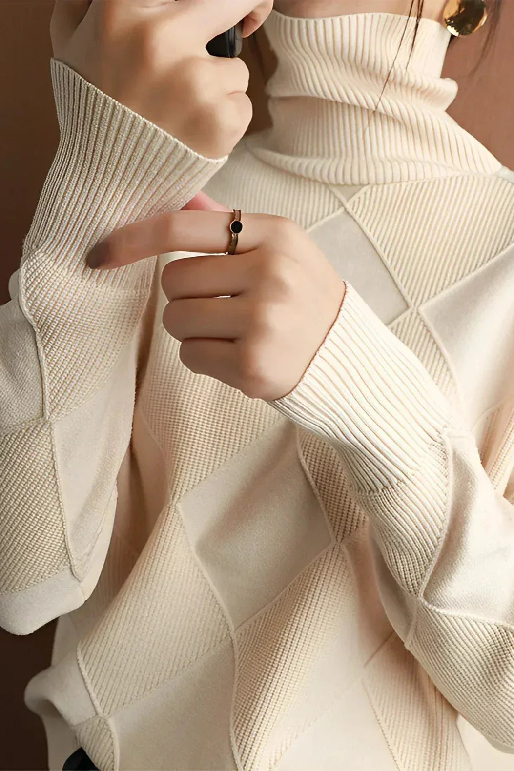 Eleganter Diamant Strick Pullover Damen Rollkragen - IdealeKleiden