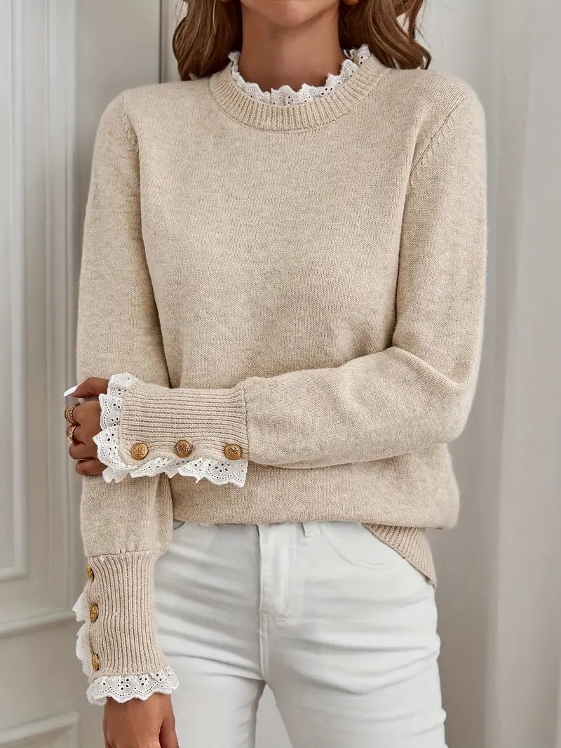 Damen Pullover Rundhals Spitzenblumen - IdealeKleiden