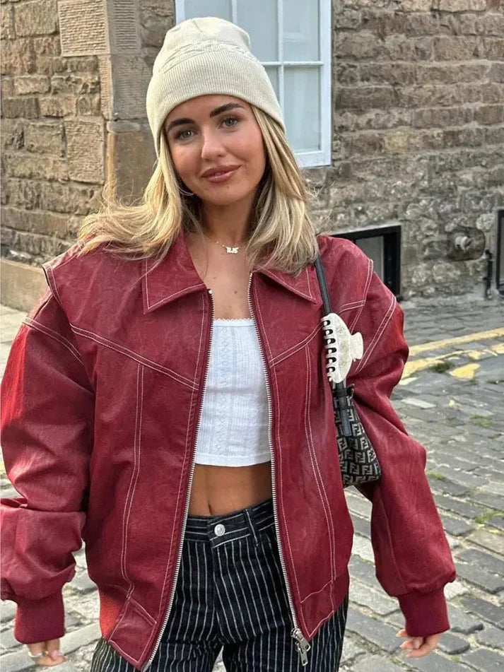 Übergroße Lederjacke Weinlese Look für Frauen
