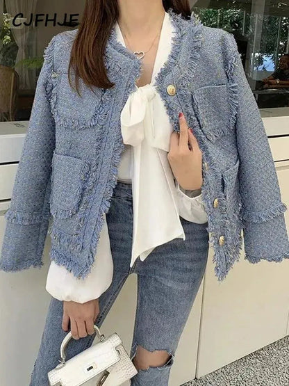 Elegante Damenjacke Blau Tweed Frauen - IdealeKleiden