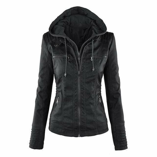 Lederjacke Mit Kapuze Elegant Schwarz