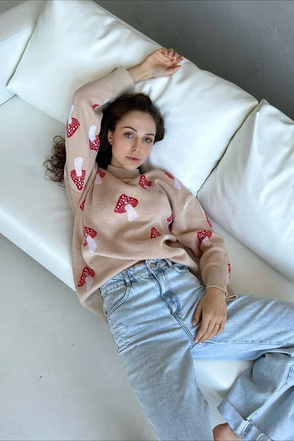 Weicher Jacquard Pullover Pilz Muster - IdealeKleiden