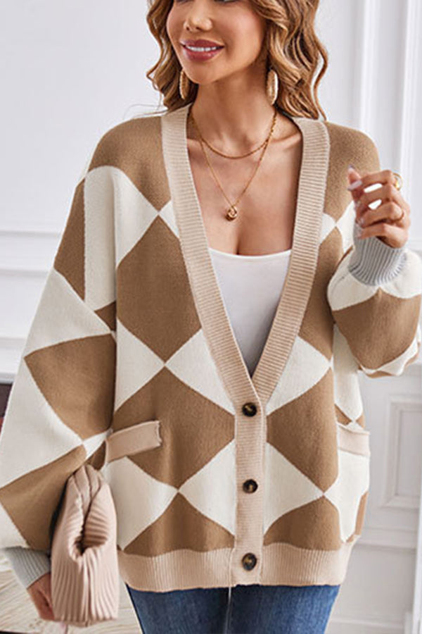 Strickcardigan Geometrisch Patchwork Modern Lässig - IdealeKleiden