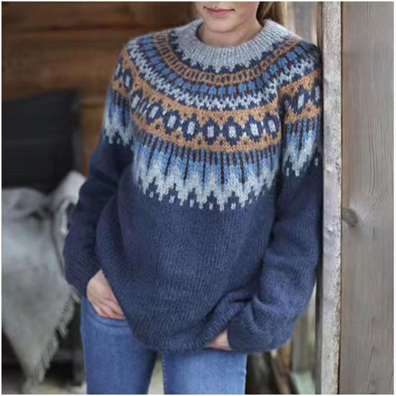 Norweger Pullover Damen Rundhals Winterwarm