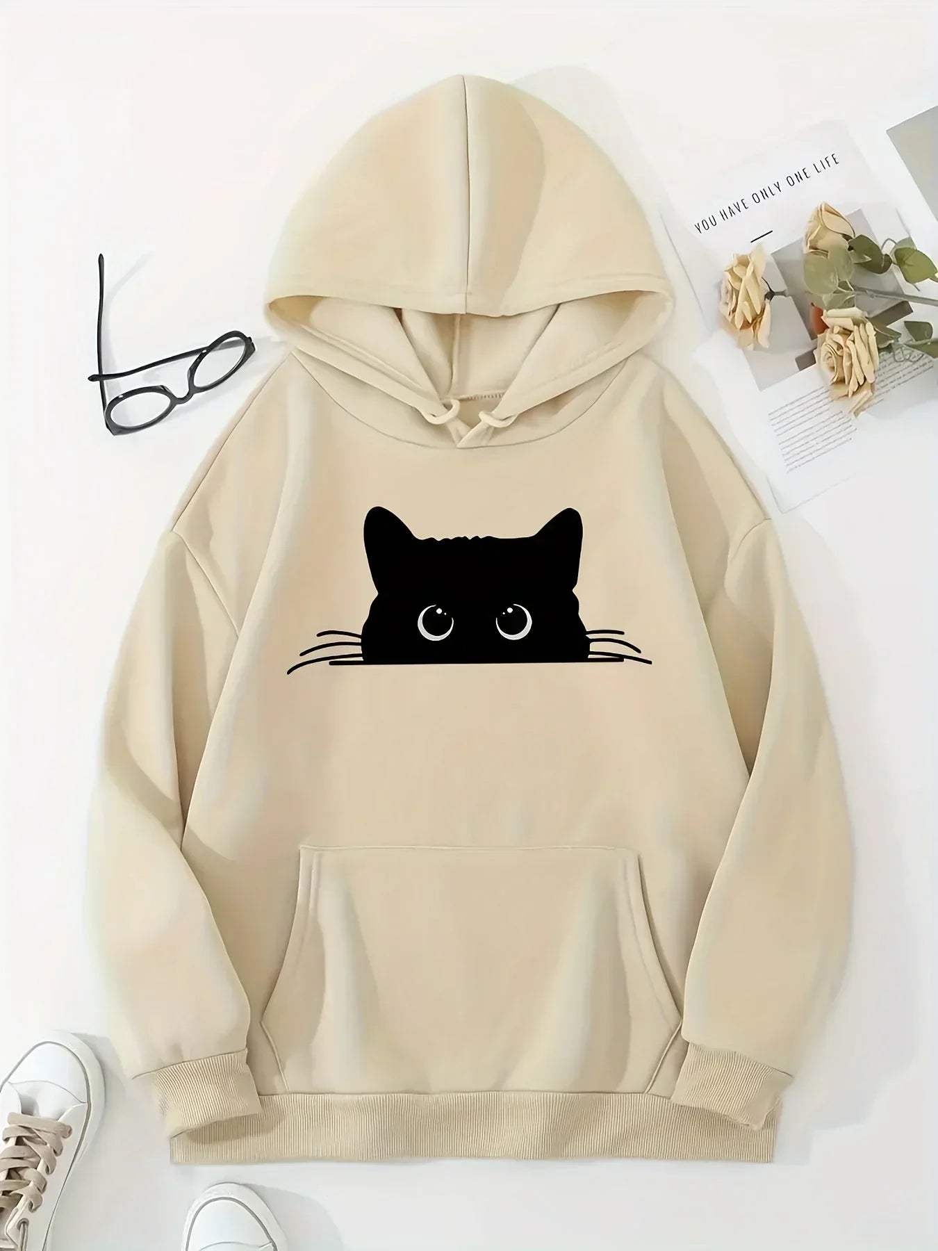 Kuschel-Hoodie Katzen-Motiv Kapuze