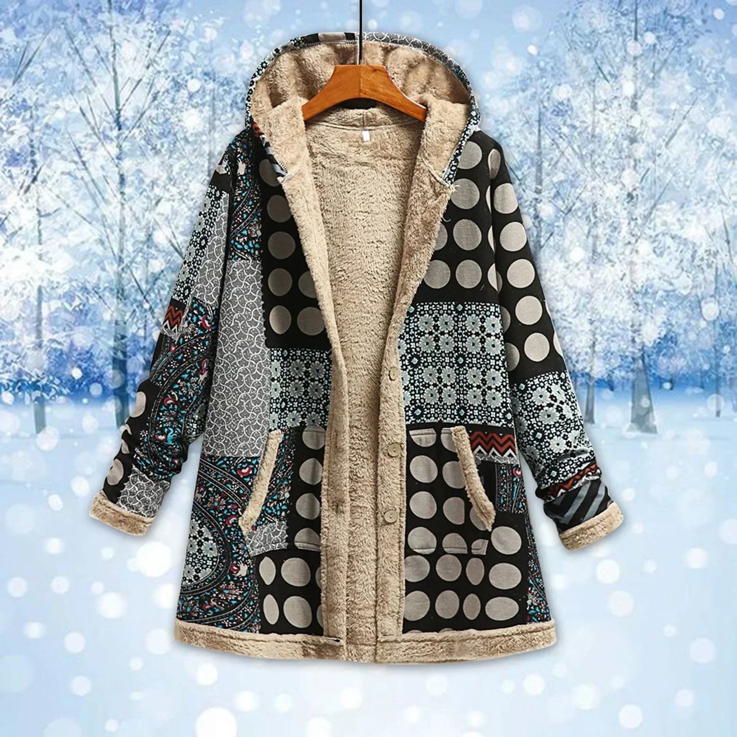 Fleecejacke Damen Langer Kapuzenmantel Relaxed Fit
