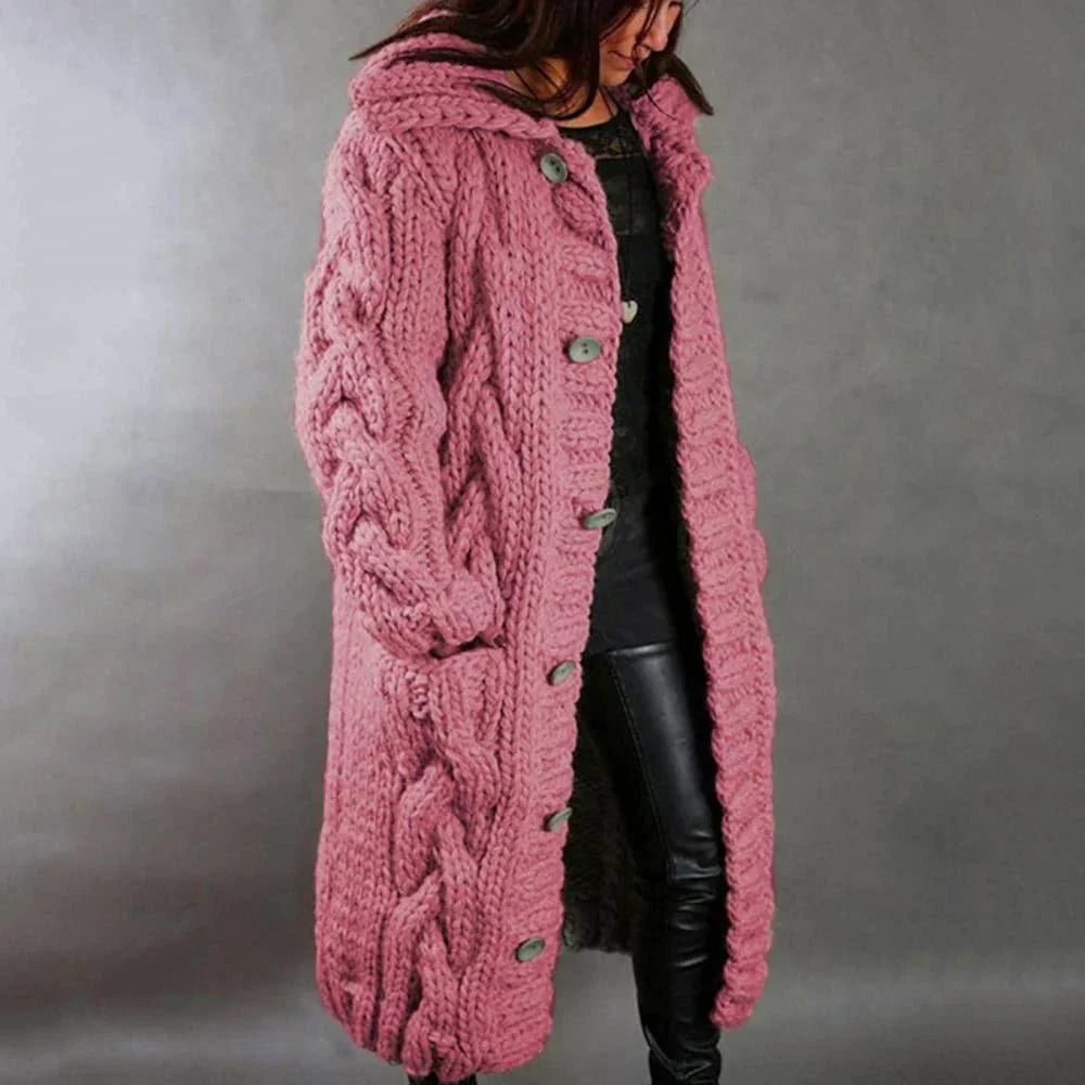 Langer Strickcardigan Kapuzenmantel Grobstrick Maxi