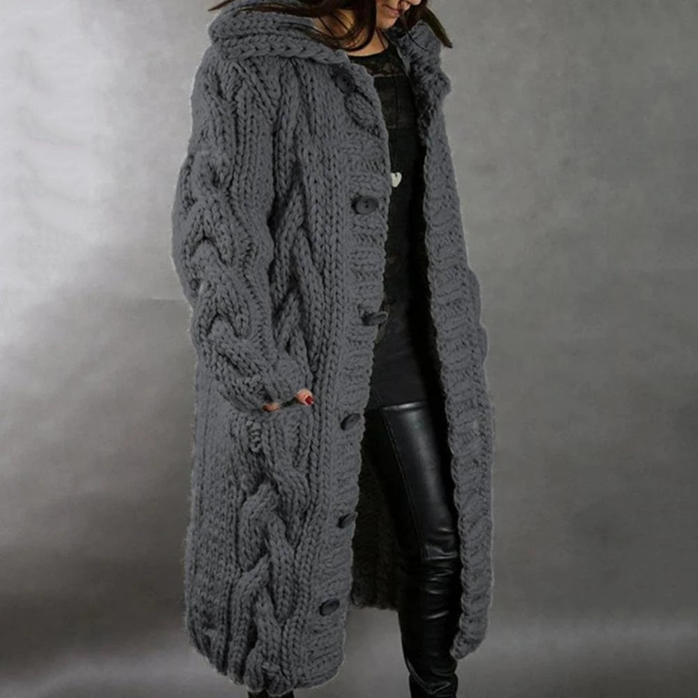 Langer Strickcardigan Kapuzenmantel Grobstrick Maxi
