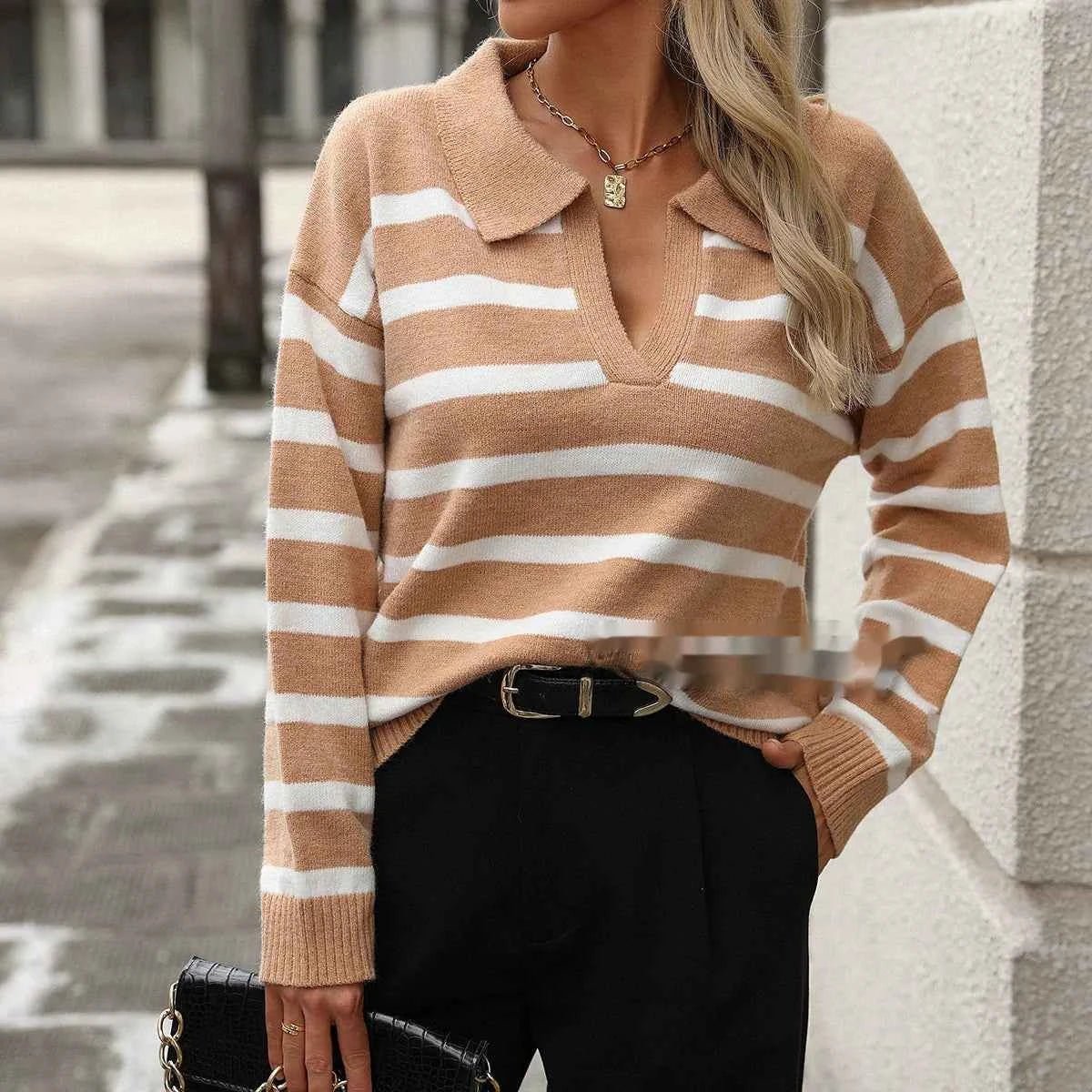 Modischer Streifenpullover Damen V-Ausschnitt