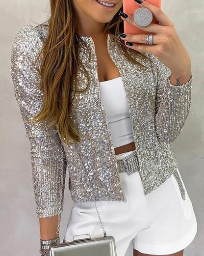 Glitzerjacke Damen Pailletten Ohne Kragen