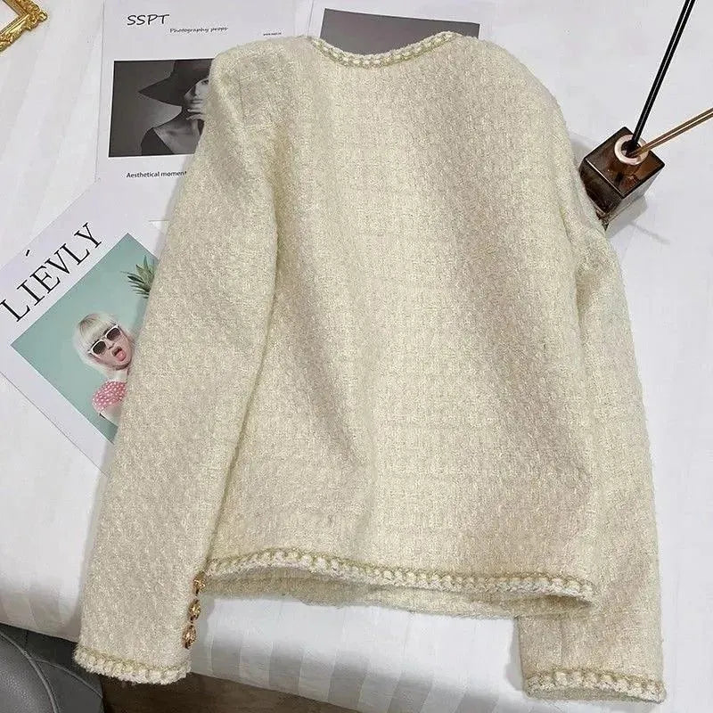 Elegante Damenjacke Goldknöpfe Kurz Tweed - IdealeKleiden