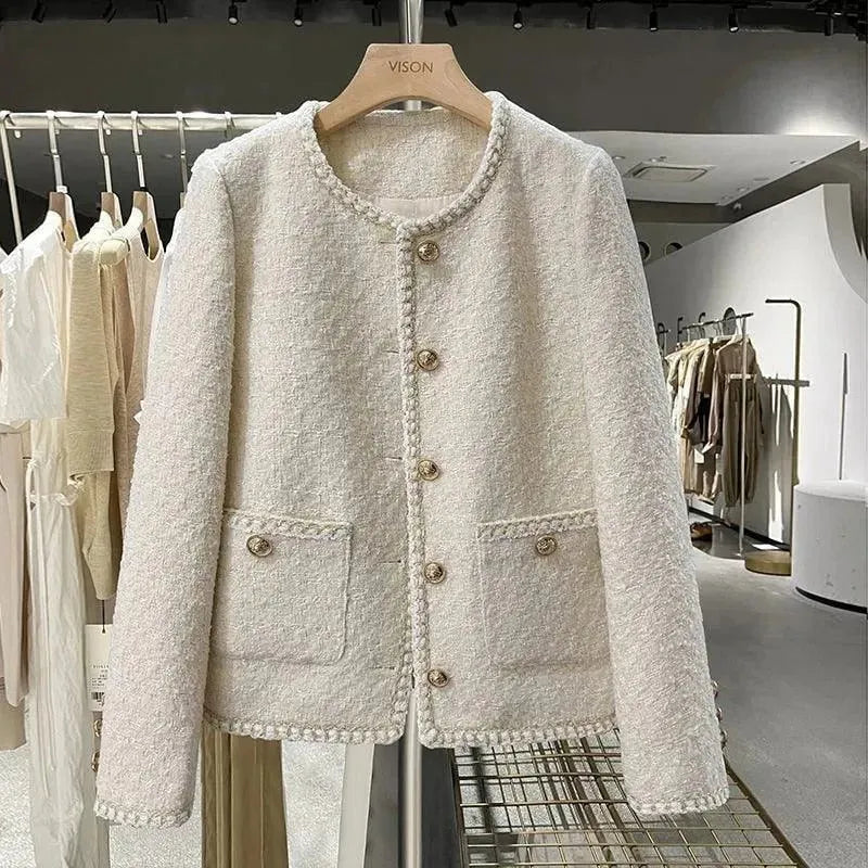 Elegante Damenjacke Goldknöpfe Kurz Tweed