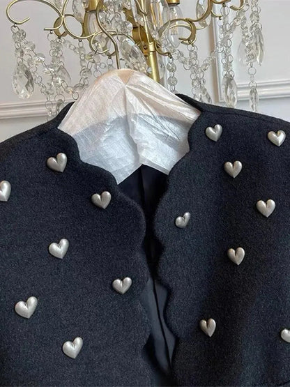 Herz Muster Wolljacke Damen Schwarz Tweed - IdealeKleiden