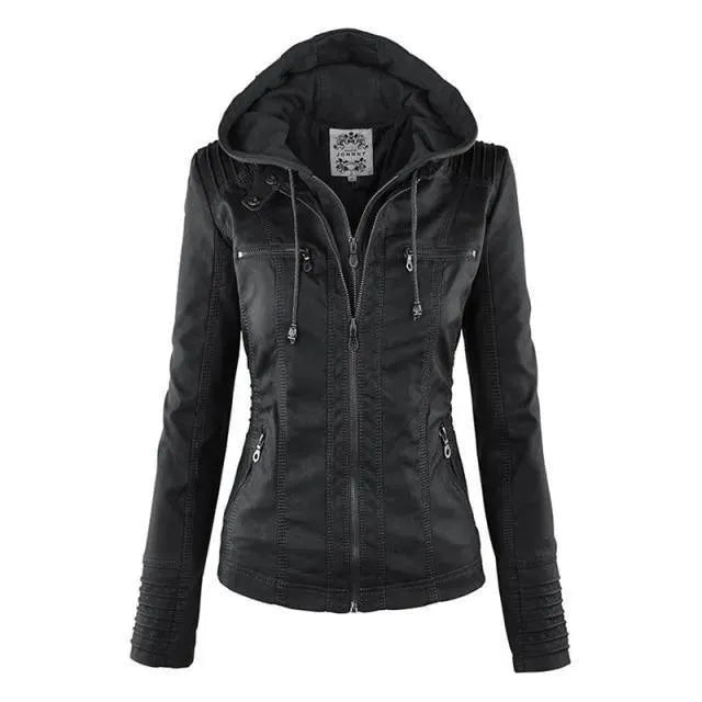 Stilvolle Lederjacke Frauen Kapuze
