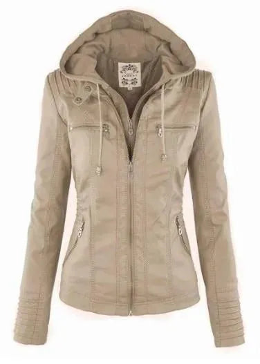 Stilvolle Lederjacke Frauen Kapuze