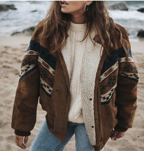 Stilvolle Damenwinterjacke Braun Tribal-Print - IdealeKleiden
