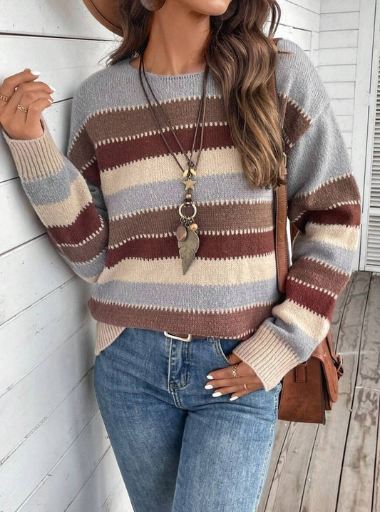 Damen Strickpullover Herbst Gestreift Warm - IdealeKleiden