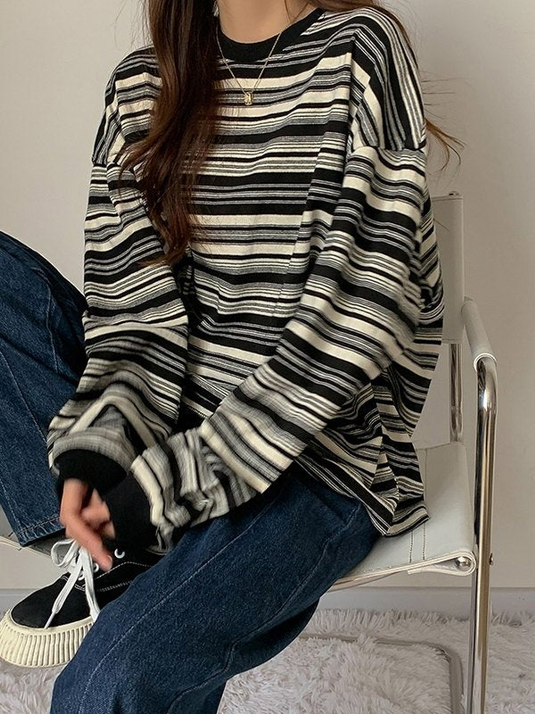 Große Oversized Pullover Rundhals Streifenmuster - IdealeKleiden